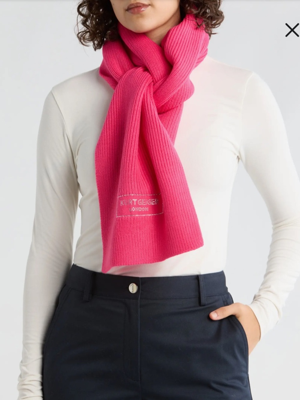 Kurt Geiger Bright Pink Ribbed Knit Scarf with Rhinestone Logo NWT